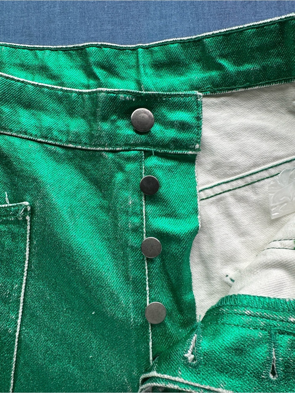 Free People Moxie Metallic Green Barrel Jeans Sample Factory Distressed NWOT 28 - Picture 12 of 15